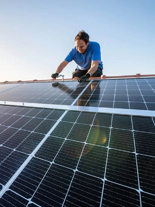 Mann installiert auf einem Dach eines Eigenheims eine Photovoltaikanlage. 